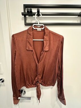 Aritzia Satin Tie-Front Blouse in Rust Brown